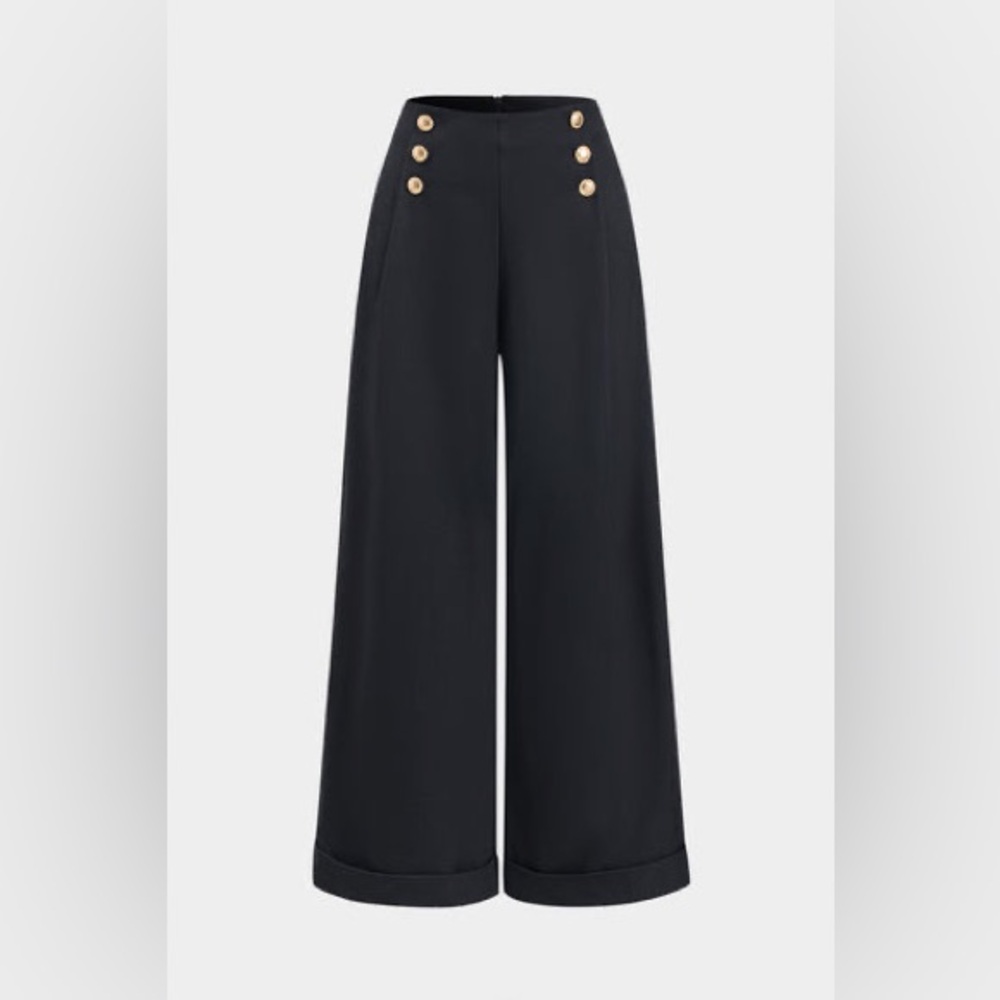 Black Wide-Leg Trousers with Gold Buttons L mc5
